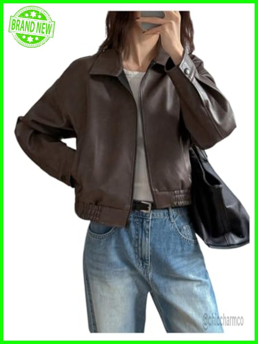 Faux Leather Cropped Bomber Jacket Zip Up Long Sleeve Casual Coat
